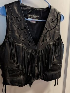 Harley-Davidson Black Leather Fringe Vest with Embroidered Scrolls